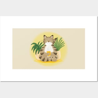 Relaxed cute cat drinking tea Posters and Art